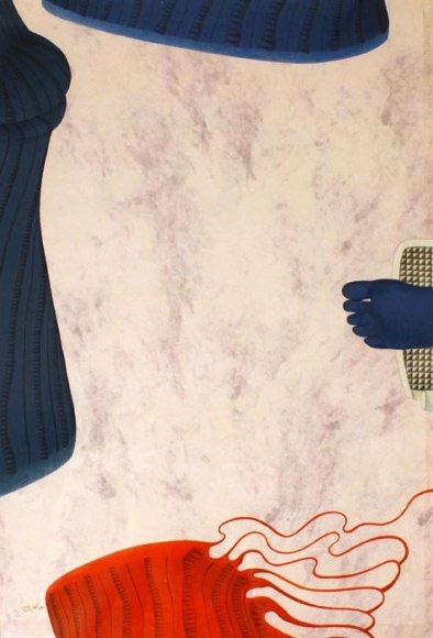 Attiya Shaukat UNTITLED (RED AND BLUE 2) Gouache on wasli 20.5 x 13.5 in.