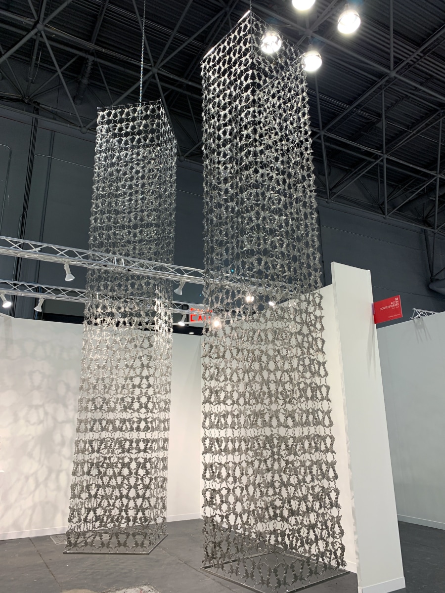 Adeela Suleman Rise I & Rise II, 2021 Stainless steel and hand-beaten repoussé work 252 x 42 x 42 in
