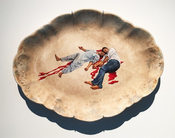 Adeela Suleman Untitled (Serving Dish - 2) 2017 Found Vintage Ceramic Plate with Enamel Paint Hardener and Lacquer 11 x 14 in.