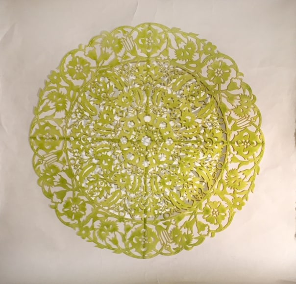 Anila Quayyum Agha All the Flowers Are for Me (Chartreuse) 2015 Embroidery and encaustic on laser-cut paper 30 x 30 in.