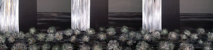black, gray, and white landscape acrylic painting with green spiky plants