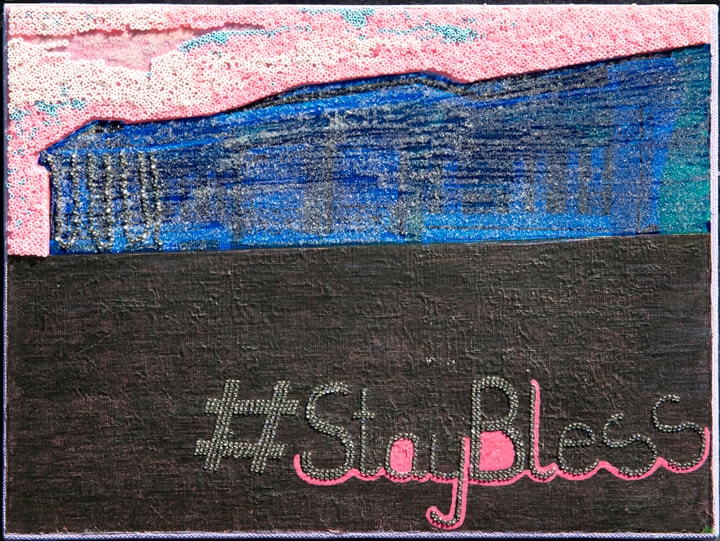 Saba Khan Stay Blessed, 2015 Crystals, beads and acrylic on canvas 9.50 x 12.75 in