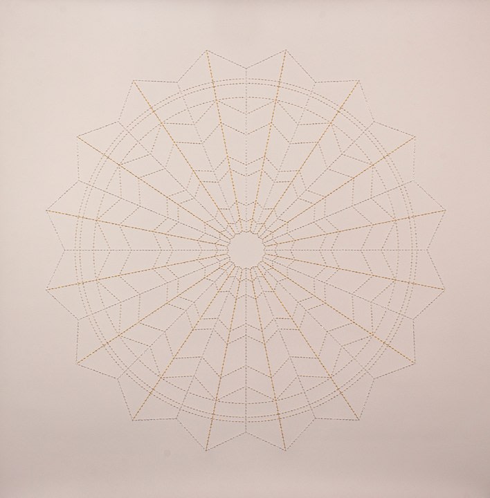 Anila Quayyum Agha Moonbeams For My Love 2016 Mixed media on paper (Gold and silver thread and beads on stonehenge rag paper) 38 x 38 in.
