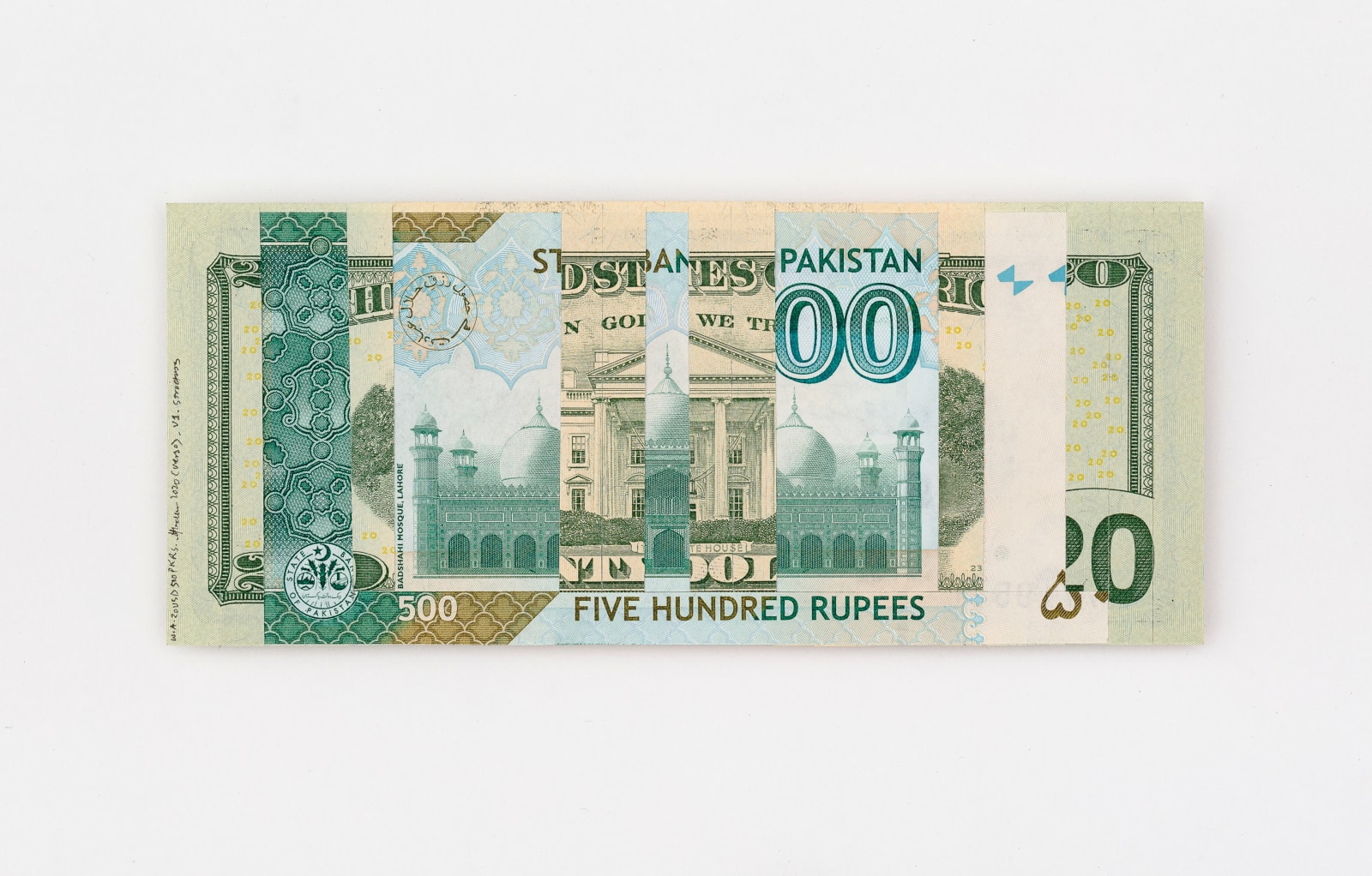 Abdullah M. I. Syed Weaving Overlapped Realities: 20 US Dollar and 500 Pakistani Rupee (Structures, Verso), 2020 Hand-cut and overlapped uncirculated 20 US Dollar and 500 Pakistani Rupee and archival tape 2.60h x 6.10w in