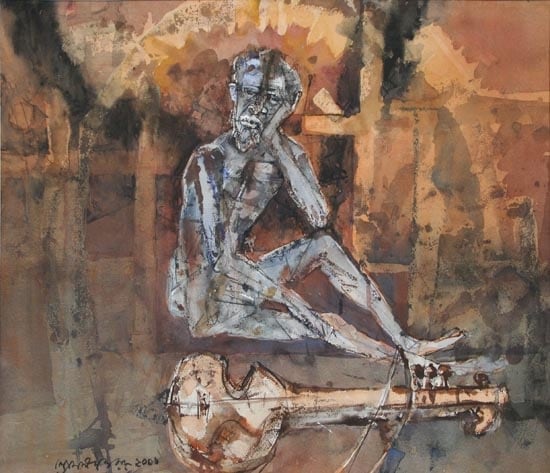 Shyamal Dutta-Ray MAN WITH SITAR 2001 Mixed media on paper 18 x 21.5 in.