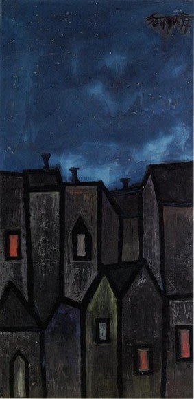 F.N. Souza HOUSES AT NIGHT 1957 Oil on board 48 x 24 in.
