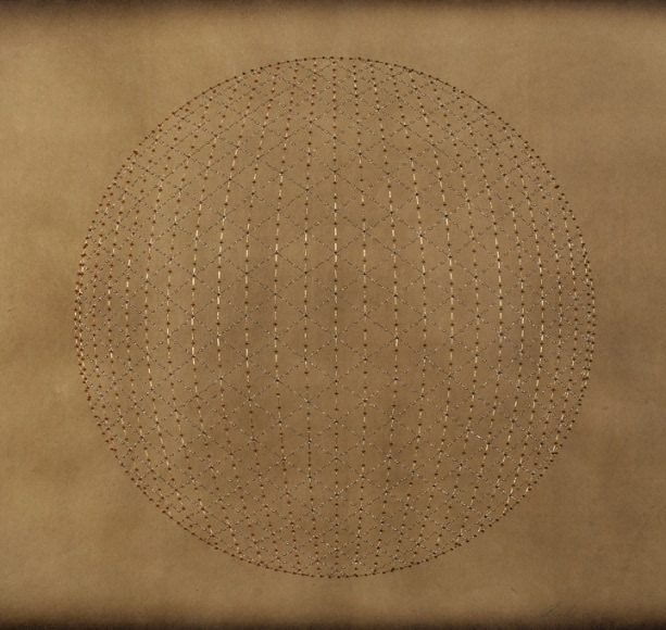 Anila Quayyum Agha Catching The Light - Red 2016 Mixed media on paper (Red, gold and black metallic thread and red and gold beads on brown Korean hand-made paper) 24 x 25 in.