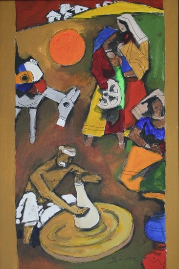 M.F. Husain VILLAGE SCENE Acrylic on canvas 36 x 24 in. SOLD