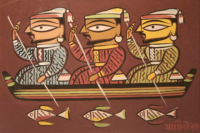 Jamini Roy UNTITLED (THREE BOATMEN) Gouache on card 13.5 x 20 in.