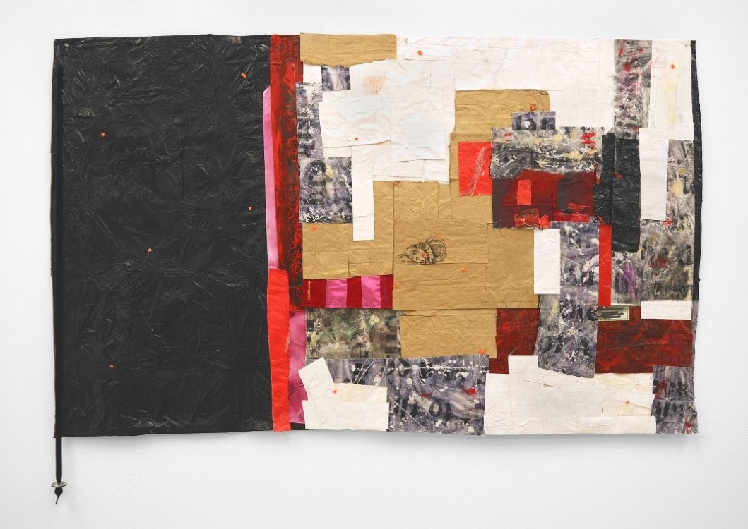 Nathaniel Donnett reconfigurspatialicious, 2021 Duct tape, fabric, paper, ink, plastic trash bags, reclaimed paper, shoelaces, color pencil, aerosol paint, paper bags, tambourine jingle 46h x 68w in