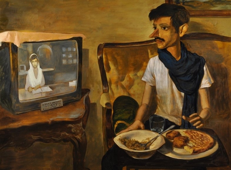 Salman Toor, The News, 2017, Oil on canvas, 34.75 x 46.63 x 1.13 in