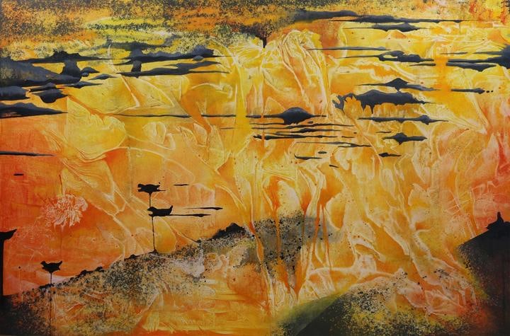 Nitin Mukul Confluence, 2016 Oil, acrylic and tea stain on canvas 40h x 60w in
