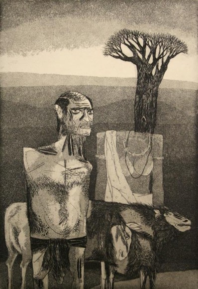 K. Laxma Goud UNTITLED (MAN WITH GOATS NEAR TREE) 1972 Etching 9 x 6.5 in.