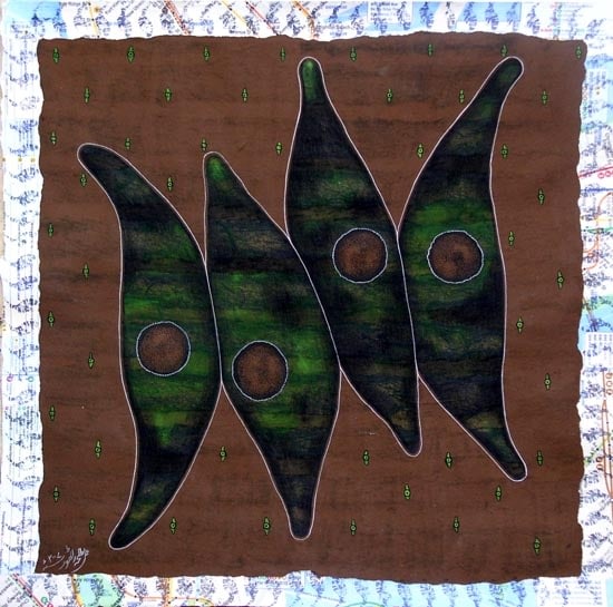 Talha Rathore A HUNDRED SUNS II 2007 Gouache and Block Print on Wasli 14 x 14 in. SOLD
