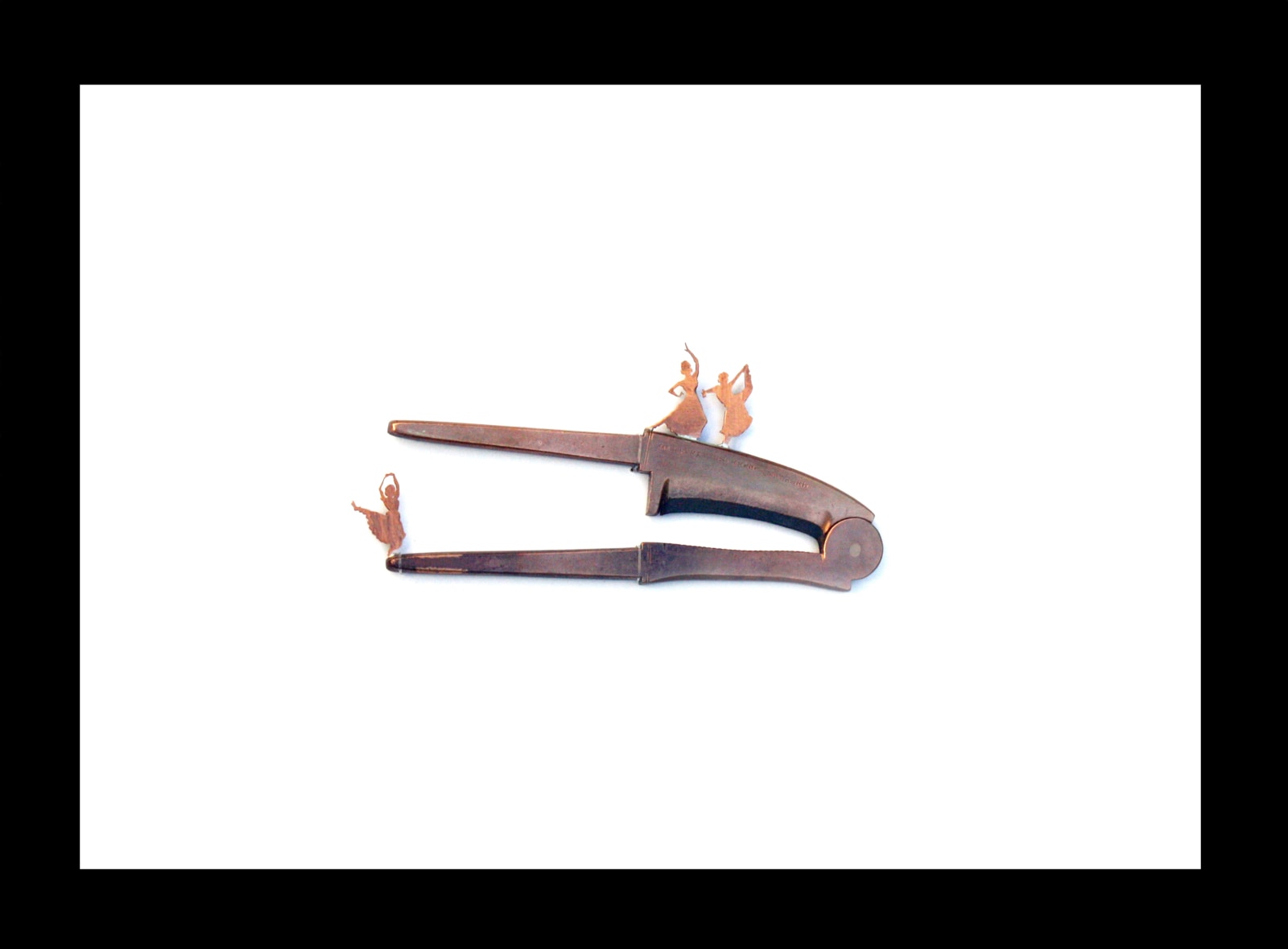 Affan Baghpati A Warm Embracing Dance Away, 2018 Sarota (Betel nut cracker); copper and brass, hand sawing, found object, (casting, soldering, riveting) 12.50h x 26w x 3d in