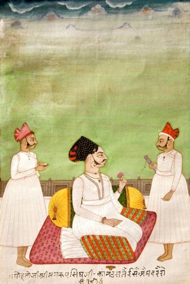 Portrait of Mohata Ji and Shri Manrup Ji, signed by Isa India, Bikaner Opaque watercolor and gold on paper c. 1780 8 x 5.5 in.