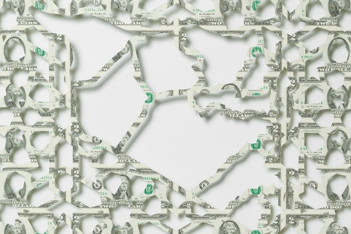 Abdullah M. I. Syed Mapping Investment: Syria (Detail 1) 2017 Hand-cut U.S. $2 banknote sheet and banknote collage with acrylic on wasli 20.25 x 50.25 in