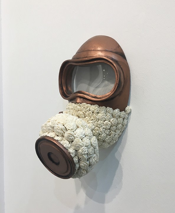 Promotesh Das Pulak, Untitled (Gas Mask), 2019, Shola flowers, resin and acrylic, 12 x 6.50 x 7 in