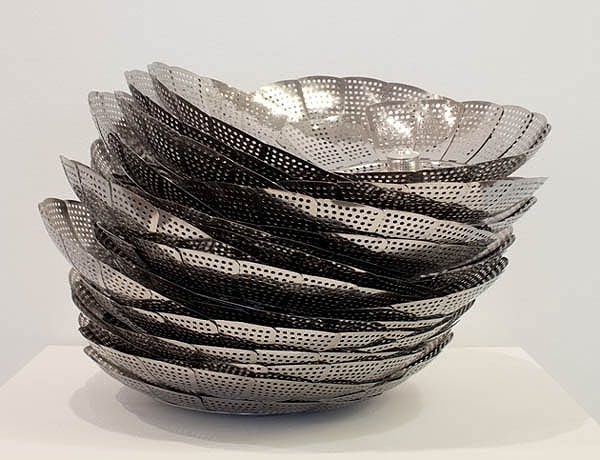 Adeela Suleman STACKED 2009 Electroplated steamers, drain cover, nuts and bolts 14 dia x 14 h in.