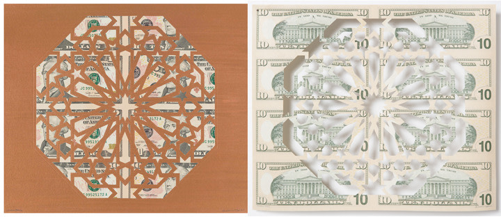 Abdullah M. I. Syed Divine Structure: Octagon, 2017 Hand-cut U.S. $10 banknote sheet and banknote collage with acrylic on wasli 10.25 x 24.50 in