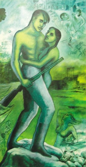 Shrilekha Sikander SUPERMAN (GREEN) Oil on canvas 58 x 30 in.