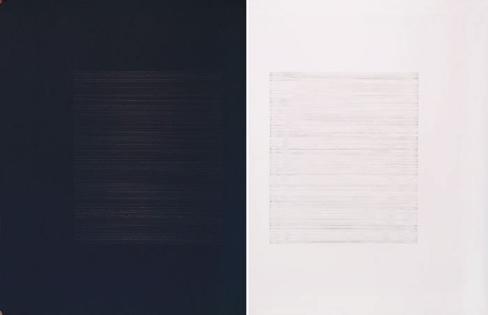 Rehana Mangi UNREAD TEXT (diptych) 2008 Human Hair on wasli 41 x 26.5 in.