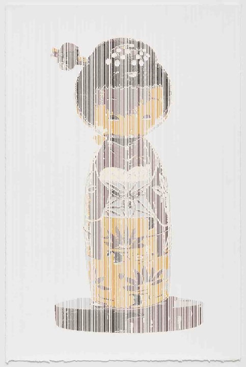 Ben Rak JAPANESE TRADITIONAL KOKESHI BOBBLE, PERCEIVE-CONCEIVE SERIES (Ed. of 11) 2013 Acrylic and silkscreen on BFK Rives 280gsm paper 22 x 15 in.