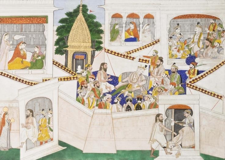 An Illustration to the Ramayana:The Sage Vishvamitra Requests Aid from King Dasaratha Northern India, Pahari School c. 1840 Opaque watercolour heightened with gold on wasli 12.5 x 17.5 in.