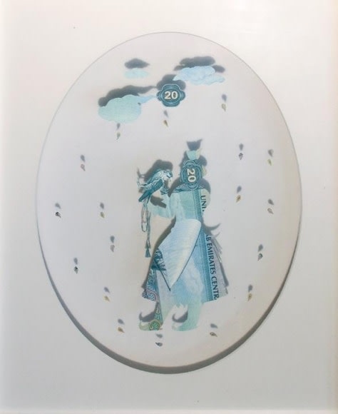 Abdullah M. I. Syed COURTING FALCONS I 2015 Hand-cut 20 Dirham UAE banknote in a shadow box 11 x 9 in.