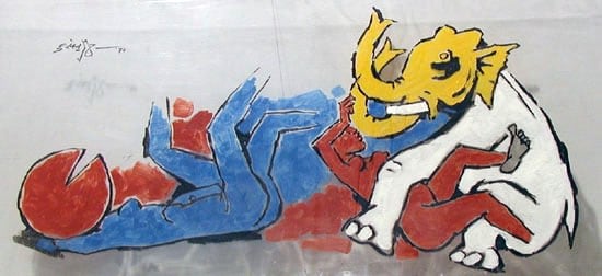 M.F. Husain WHITE ELEPHANT AND 2 WOMEN 1974 Acrylic on plastic/glass 24 x 53 in. SOLD