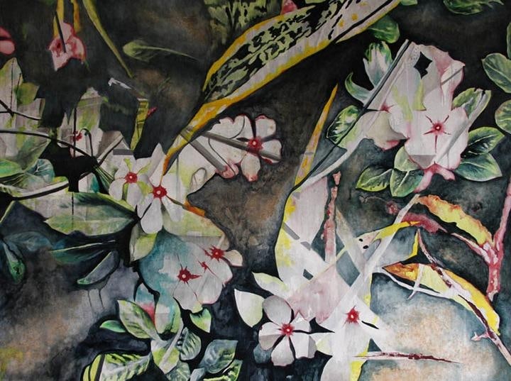 Nitin Mukul FLOWER LINES 2008 Acrylic, oil and tea stain on canvas 36 x 48 in.
