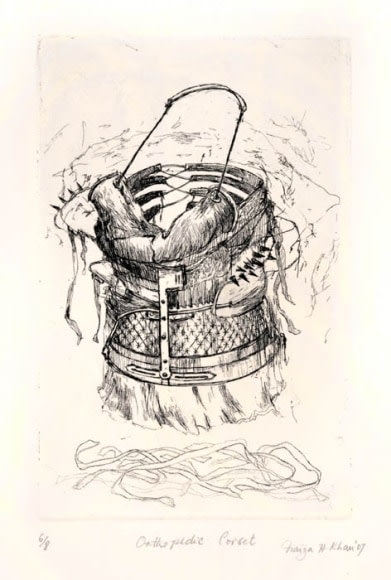 Naiza Khan ORTHOPAEDIC CORSET 2007 Etching on rives Edition 5/8 10 x 7 in.