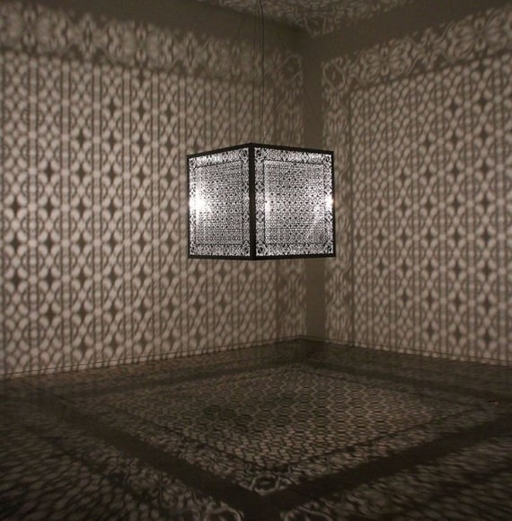 Anila Quayyum Agha Hidden Diamond 2016 Lacquered stainless steel and halogen bulb 36 x 36 x 36 in.