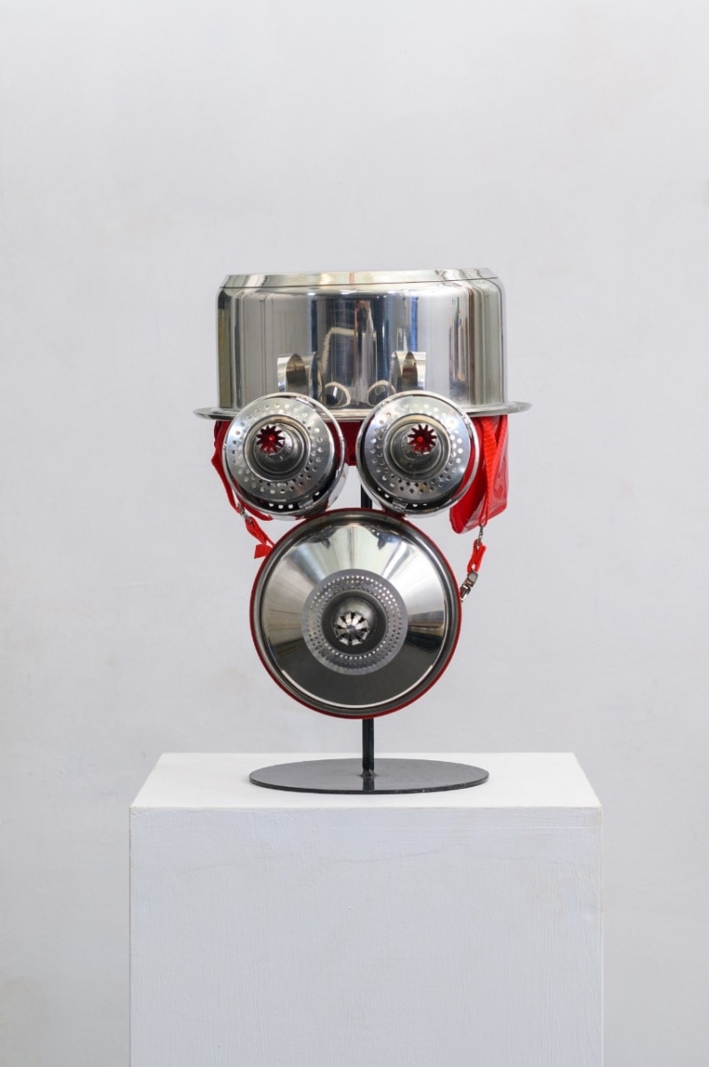 Adeela Suleman Darkest Hour 3, 2021 Stainless steel cake piping nozzles, sink drain cover, cooking utensil, doughnut cutter padded with foam and rexine 13 x 11 x 16 in