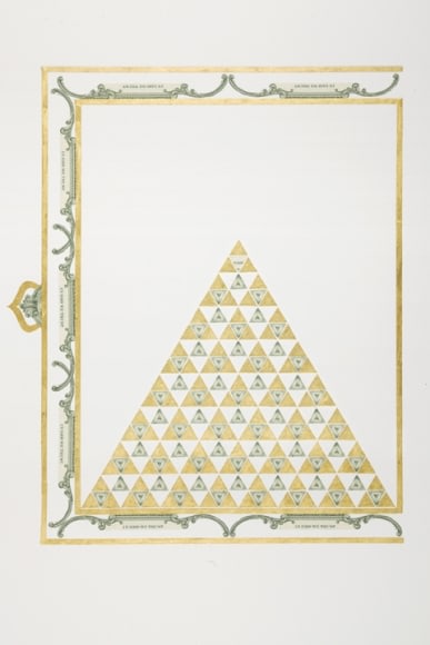 Abdullah M. I. Syed Illuminated Prisms Manuscript I: Pgs. 1 & 2 (Diptych - Left Page) 2017 Hand-cut U.S. $1 banknotes collage and 24k gold on Illustration board 22.75 x 30 in.