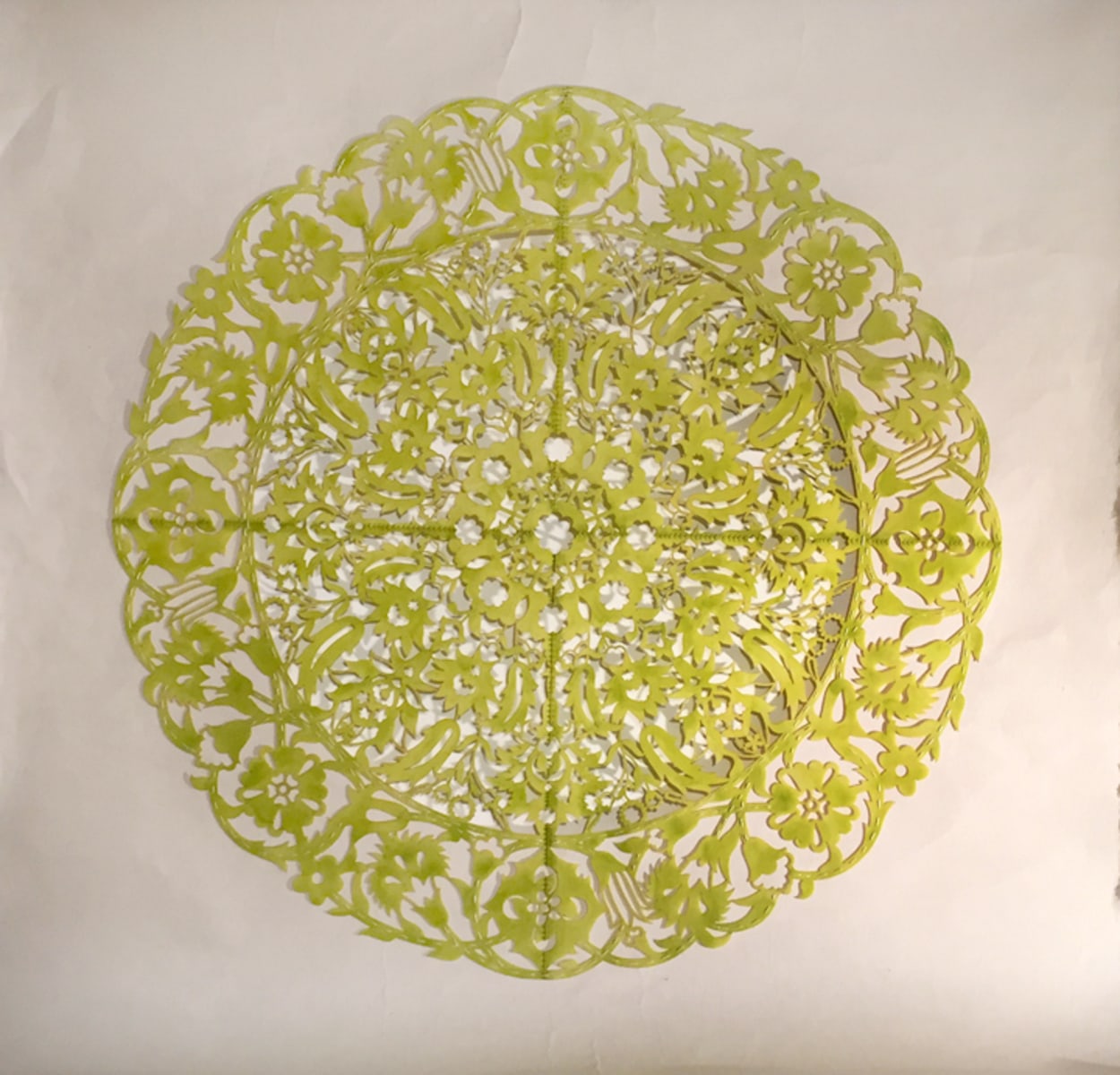 Anila Quayyum Agha All the Flowers Are For Me (Chartreuse) 2015 Mixed media on paper (Encaustic, laser-cut paper and embroidery) 30 x 30 in.