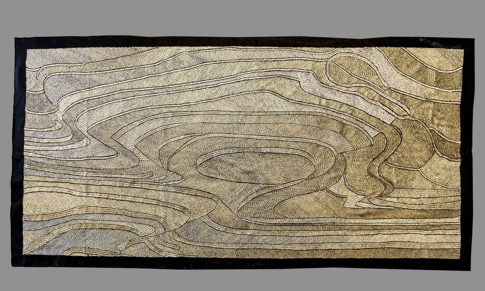 Revati Singh A Homage to the Vanishing Paddy Fields 2016 Black cotton cloth, handmade silver grains 71.6 x 35.8 in.