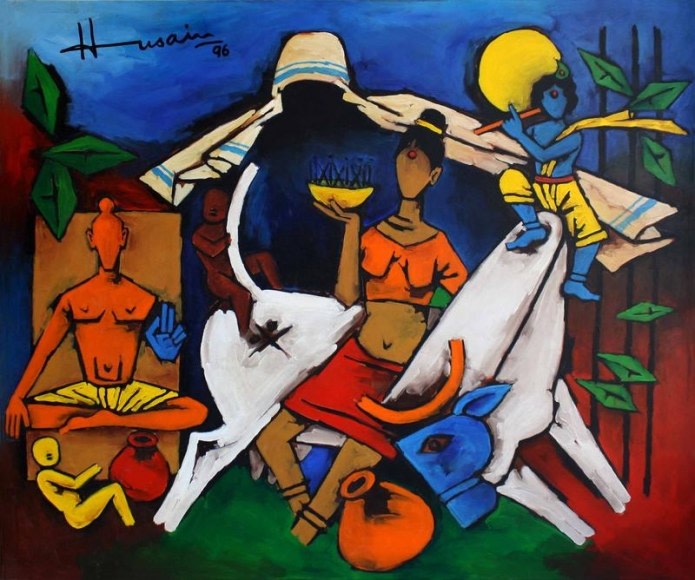 M. F. Husain UNTITLED (MOTHER TERESA WITH KRISHNA AND BULL) Acrylic on canvas 1996 51 x 60 in.
