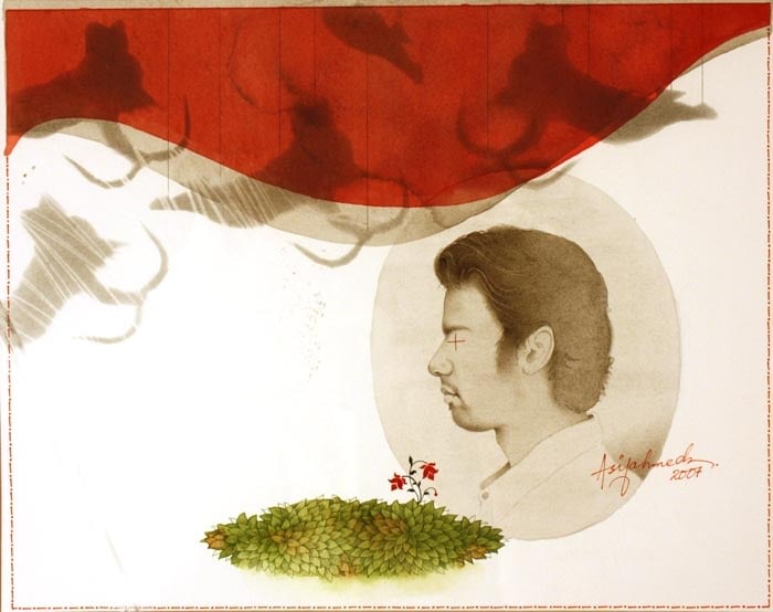 Asif Ahmed UNTITLED (RED CLOUD) Gouache on wasli 9.5 x 12 in.