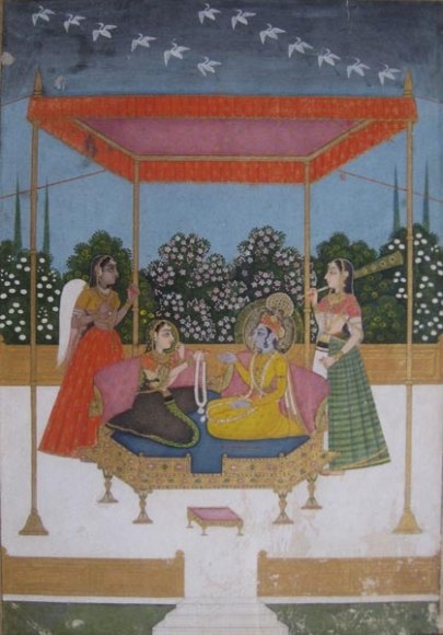 Radha Offering a Flower Garland to Krishna Northern India, Mughal c. 1760 Opaque watercolor heightened with gold on wasli 9 x 6.25 in.