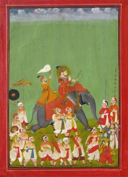 Maharaja Jagat Singh on an Elephant Returning from a Holi Festival Rajasthan, Mewar c. 1740 Opaque pigment on paper heightened with gold 13.3 x 18.5 in.