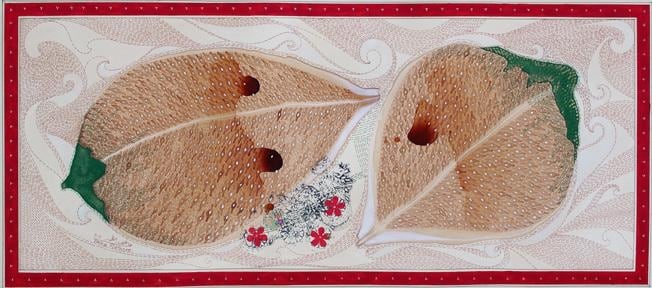 Talha Rathore CELEBRATING LIFE I 2011 Gouache, block print, collage, tea stain and archival pen on wasli 8.5 x 18.5 in.