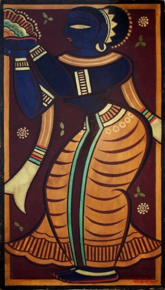 Jamini Roy Blue Apsara (Apsara Holding Harvest) Gouache on card 25 x 13.5 in.