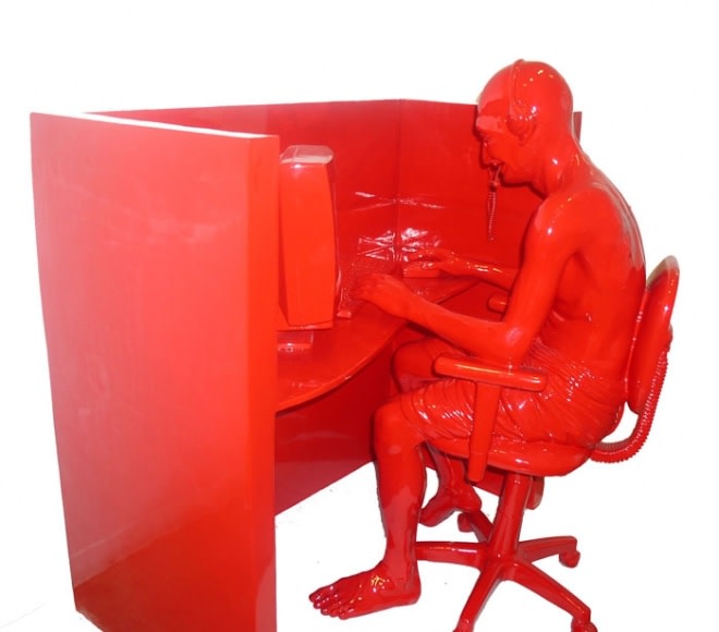 Debanjan Roy INDIA SHINING 9 (GANDHI AT A CALL CENTER) 2009 Fiberglass with acrylic paint 51 x 36 x 47 in. Desk - 24 x 56 x 66 in. Gandhi and chair - 24 x 28 x 50 in. Monitor, keyboard, mouse and phone are separate.