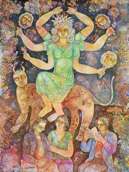 Sakti Burman MADHAV READING THE STORIES OF DEVI 2007 Oil on canvas 51 x 38 in.