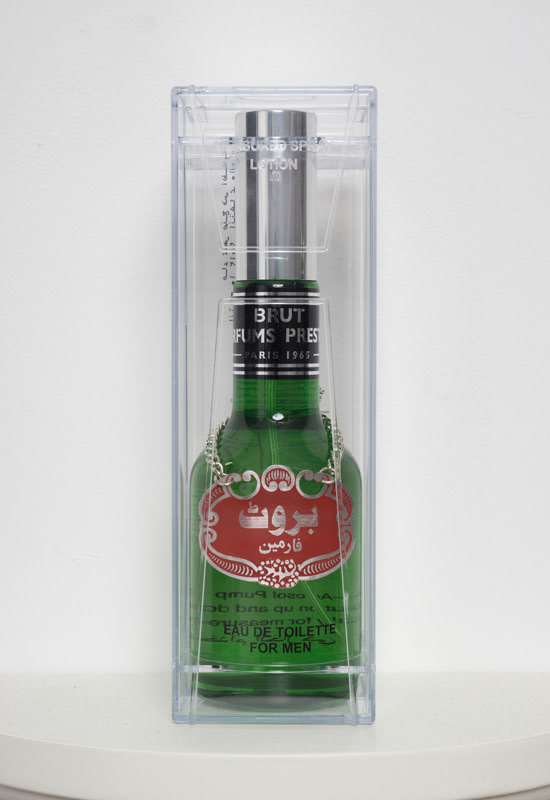 Abdullah M. I. Syed The Essence of Men, Limited Edition on Sale III (Ed. of 5) Hand-beaten and galvanised medallion, altered Brut for Men packaging, and Martha Stewart Living Solutions Floating Picket Fence 9 inches Small Half-Circle Collector's Shelf 7 x 2.5 x 2.5 in. (Bottle & Packaging)