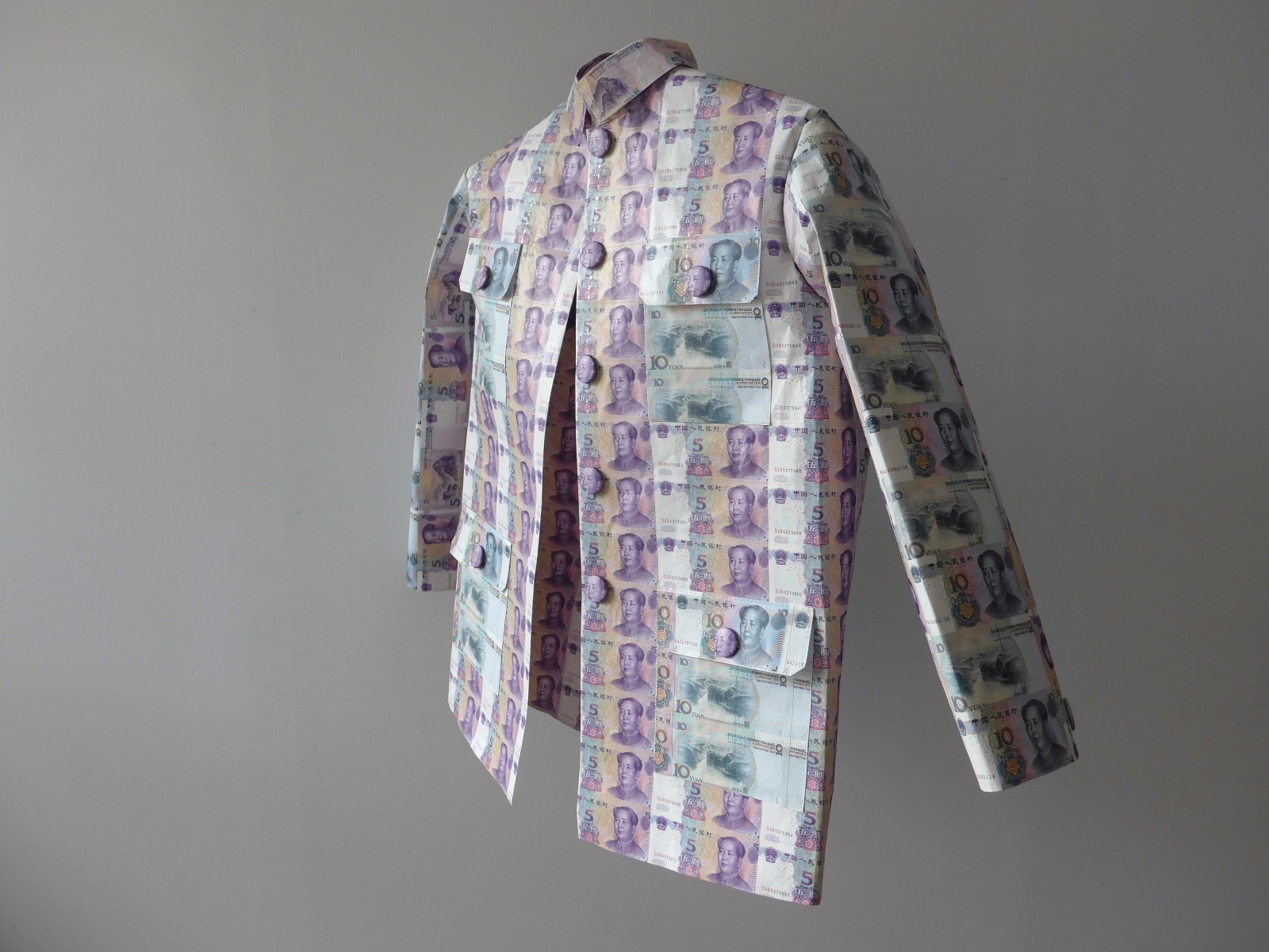 Abdullah M. I. Syed, Capital Couture: Chairman Mao's Jacket, 2019, Hand-assembled, uncirculated Chinese 5 and 10 Yuan banknotes and invisible thread