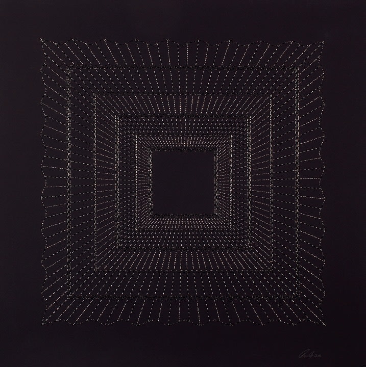 Anila Quayyum Agha Kaaba - Grey 2016 Mixed media on paper (Black and copper beads and embroidery on black paper) 29 x 29 in.