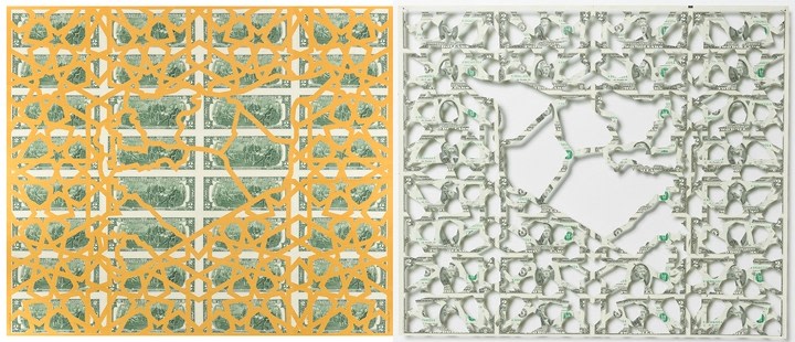 Abdullah M. I. Syed Mapping Investment: Syria (Diptych) 2017 Hand-cut U.S. $2 banknote sheet and banknote collage with acrylic on wasli 20.25 x 50.25 in.
