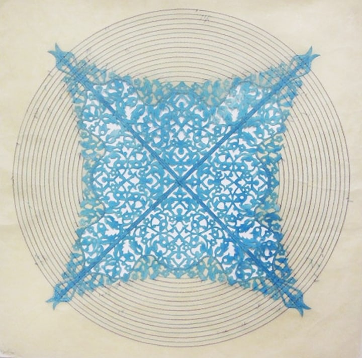 Anila Quayyum Agha All the Flowers Are For Me (Turquoise) 2015 Mixed media on paper (Encaustic, laser-cut paper and embroidery) 30 x 30 in.